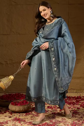 Women blue chanderi woven design straight kurta trouser with dupatta