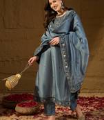 Women blue chanderi woven design straight kurta trouser with dupatta