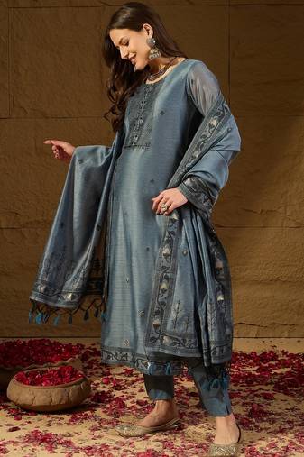 Women blue chanderi woven design straight kurta trouser with dupatta