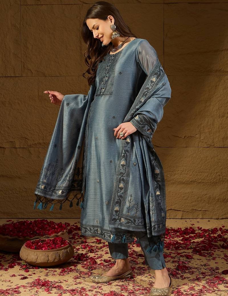 Women blue chanderi woven design straight kurta trouser with dupatta