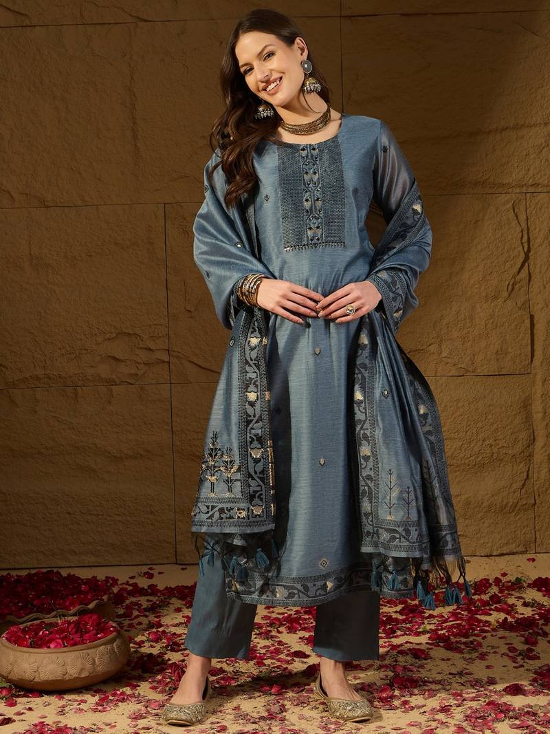 Women blue chanderi woven design straight kurta trouser with dupatta