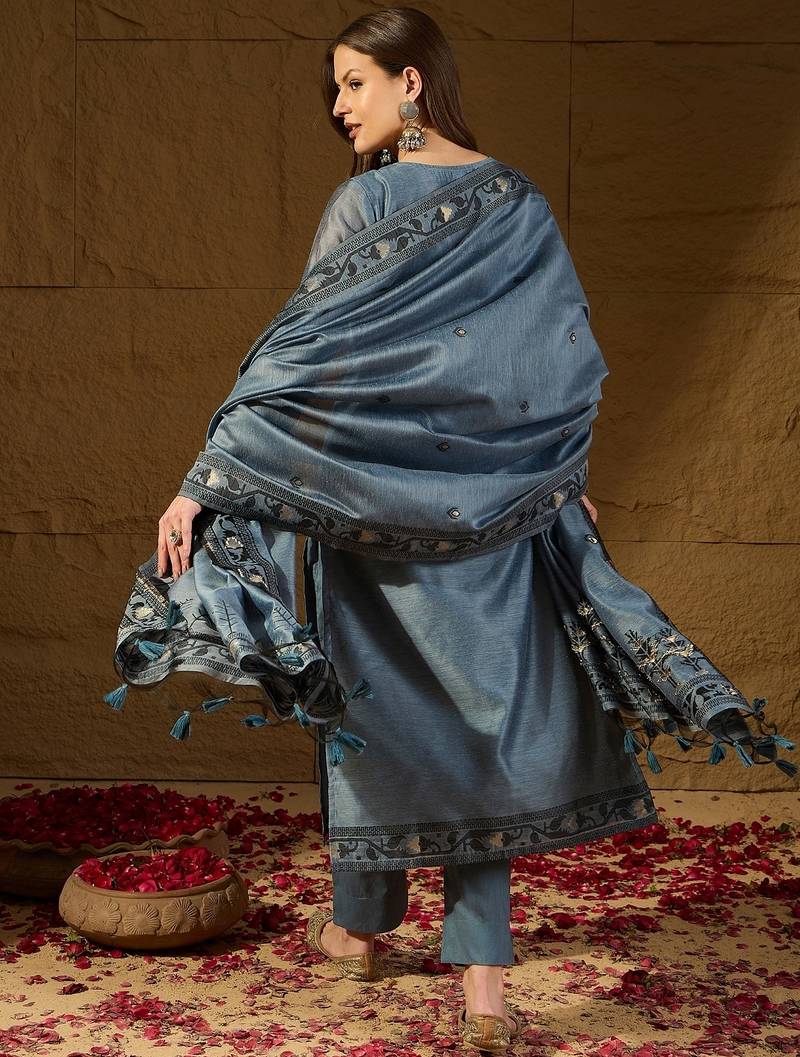 Women blue chanderi woven design straight kurta trouser with dupatta