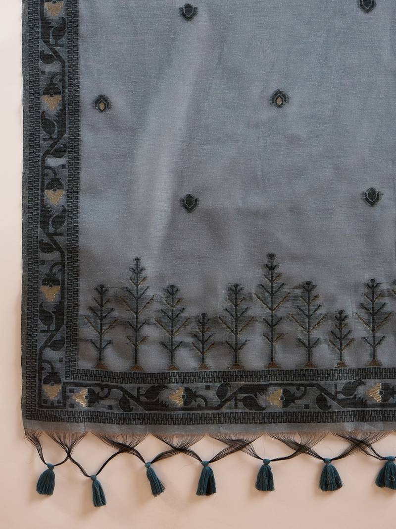 Women blue chanderi woven design straight kurta trouser with dupatta