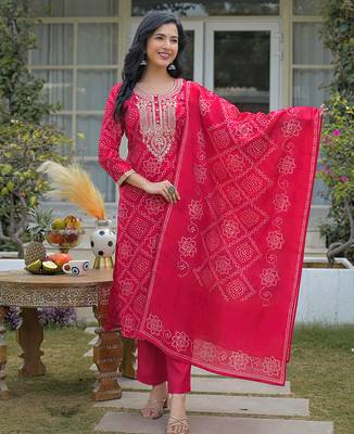 Women red silk blend bandhani embroidered straight kurta trousers with dupatta 1