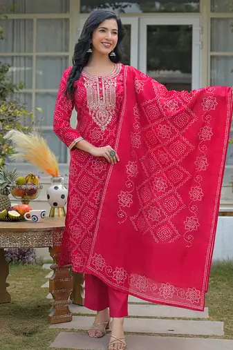 Women red silk blend bandhani embroidered straight kurta trousers with dupatta
