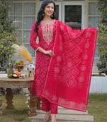 Women red silk blend bandhani embroidered straight kurta trousers with dupatta