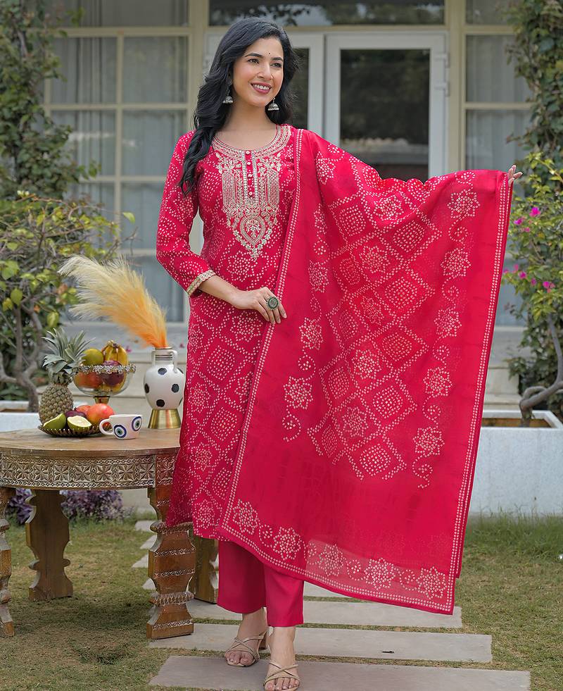 Women red silk blend bandhani embroidered straight kurta trousers with dupatta