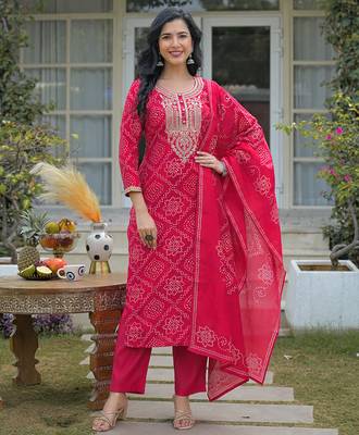 Women red silk blend bandhani embroidered straight kurta trousers with dupatta 2