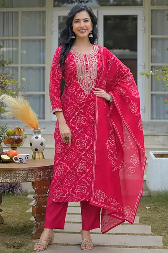 Women red silk blend bandhani embroidered straight kurta trousers with dupatta