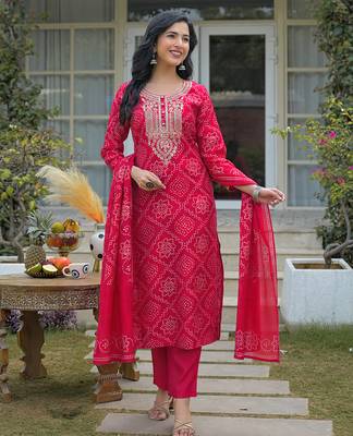 Women red silk blend bandhani embroidered straight kurta trousers with dupatta 3