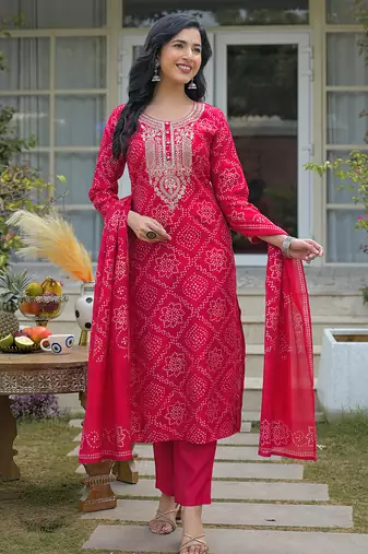 Women red silk blend bandhani embroidered straight kurta trousers with dupatta