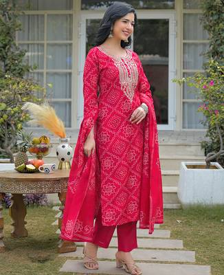 Women red silk blend bandhani embroidered straight kurta trousers with dupatta 4