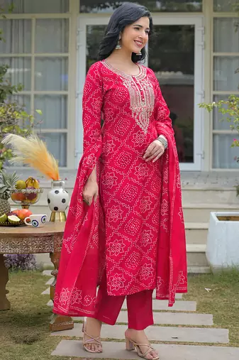Women red silk blend bandhani embroidered straight kurta trousers with dupatta