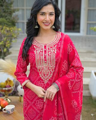 Women red silk blend bandhani embroidered straight kurta trousers with dupatta 5