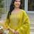 Women yellow silk blend bandhani embroidered straight kurta trousers with dupatta