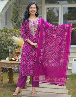 Women purple silk blend bandhani embroidered straight kurta trousers with dupatta 1