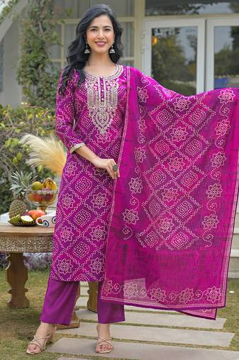 Women purple silk blend bandhani embroidered straight kurta trousers with dupatta