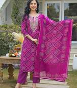 Women purple silk blend bandhani embroidered straight kurta trousers with dupatta