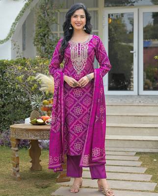 Women purple silk blend bandhani embroidered straight kurta trousers with dupatta 2