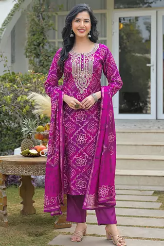 Women purple silk blend bandhani embroidered straight kurta trousers with dupatta