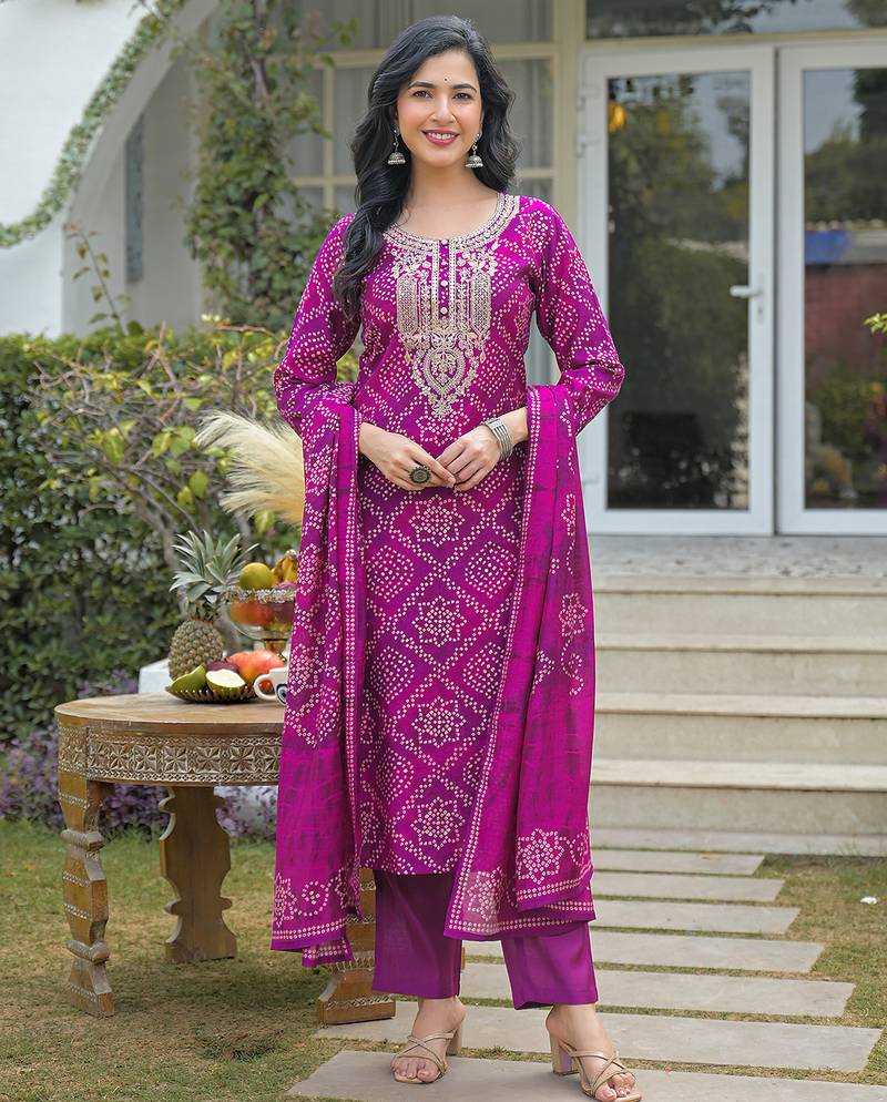 Women purple silk blend bandhani embroidered straight kurta trousers with dupatta