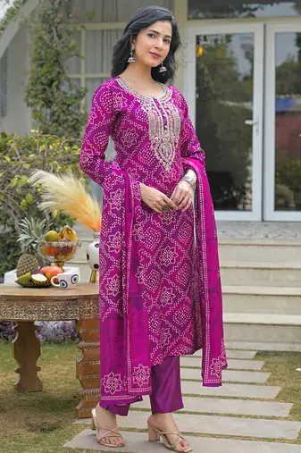 Women purple silk blend bandhani embroidered straight kurta trousers with dupatta