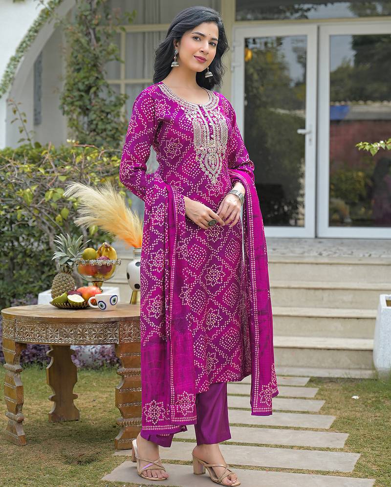 Women purple silk blend bandhani embroidered straight kurta trousers with dupatta