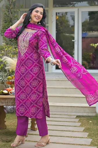 Women purple silk blend bandhani embroidered straight kurta trousers with dupatta