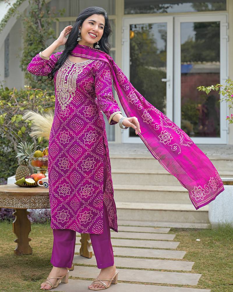 Women purple silk blend bandhani embroidered straight kurta trousers with dupatta