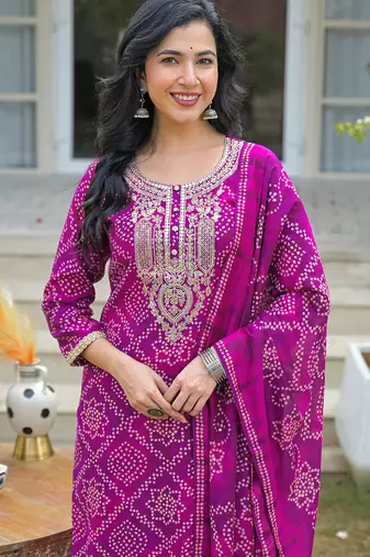 Women purple silk blend bandhani embroidered straight kurta trousers with dupatta