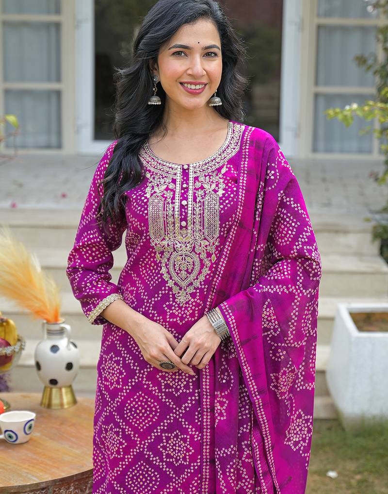 Women purple silk blend bandhani embroidered straight kurta trousers with dupatta