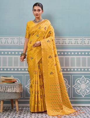 Yellow colour flour printed silk saree with blouse wedding wear saree 1