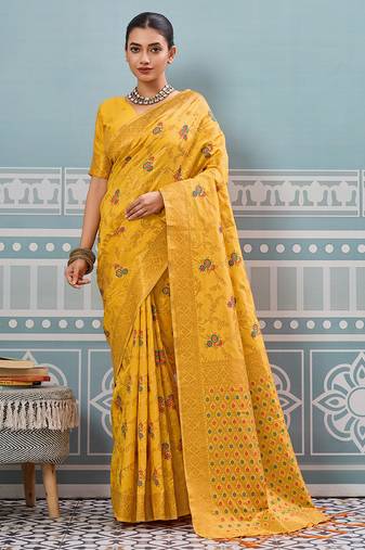 Yellow colour flour printed silk saree with blouse wedding wear saree
