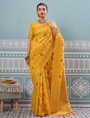 Yellow colour flour printed silk saree with blouse wedding wear saree 2