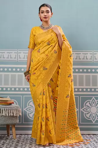 Yellow colour flour printed silk saree with blouse wedding wear saree