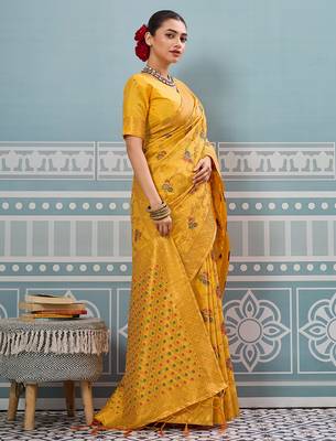 Yellow colour flour printed silk saree with blouse wedding wear saree 3