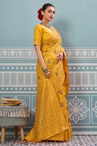 Yellow colour flour printed silk saree with blouse wedding wear saree