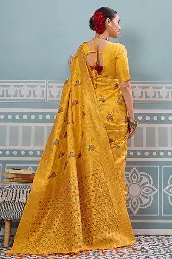 Yellow colour flour printed silk saree with blouse wedding wear saree