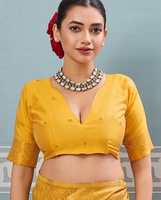 Yellow colour flour printed silk saree with blouse wedding wear saree 5