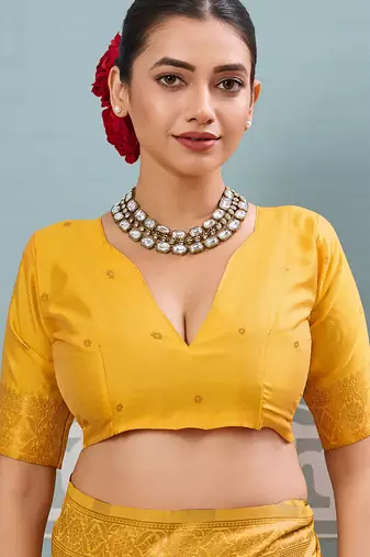 Yellow colour flour printed silk saree with blouse wedding wear saree