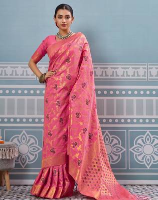 Pink colour flour printed silk saree with blouse wedding wear saree 1
