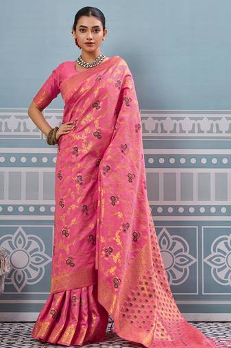 Pink colour flour printed silk saree with blouse wedding wear saree