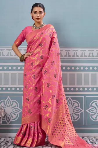 Pink colour flour printed silk saree with blouse wedding wear saree