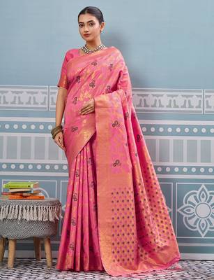 Pink colour flour printed silk saree with blouse wedding wear saree 2