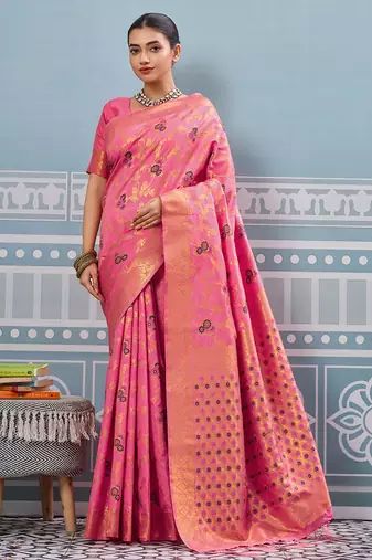 Pink colour flour printed silk saree with blouse wedding wear saree