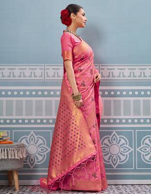 Pink colour flour printed silk saree with blouse wedding wear saree 3