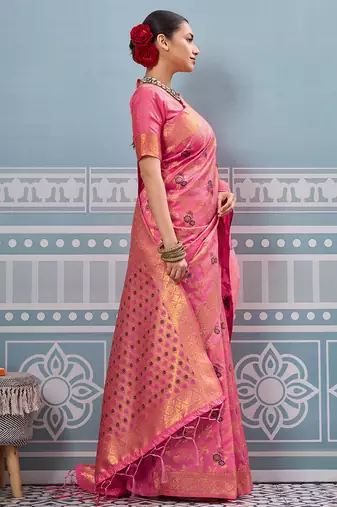 Pink colour flour printed silk saree with blouse wedding wear saree
