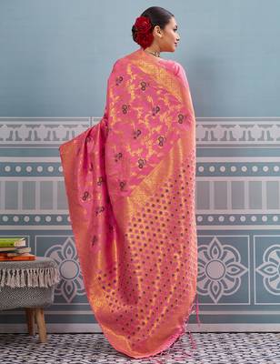 Pink colour flour printed silk saree with blouse wedding wear saree 4