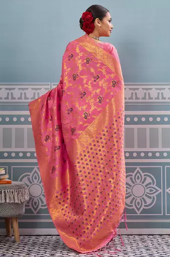 Pink colour flour printed silk saree with blouse wedding wear saree