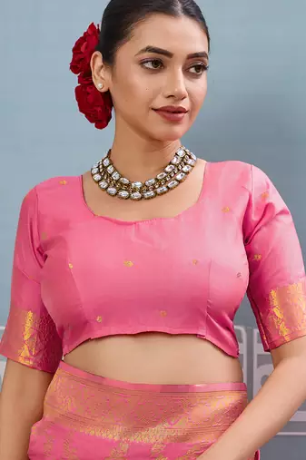 Pink colour flour printed silk saree with blouse wedding wear saree